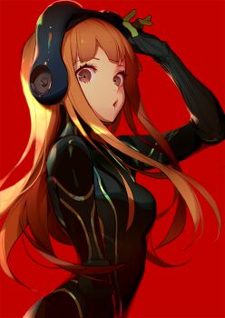 1girl ask_(askzy) bodysuit brown_eyes brown_hair commentary_request from_side gloves goggles green_gloves hand_up long_hair looking_at_viewer oracle_(persona_5) persona persona_5 red_background sakura_futaba simple_background solo upper_body
