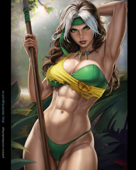Rule 34 | 1girl, abs, arm behind head, armpits, bra, breasts, commentary, dandon fuga, english commentary, green bra, green eyes, green headband, green panties, headband, highres, holding, holding polearm, holding weapon, jewelry, large breasts, marvel, multicolored hair, muscular, muscular female, necklace, official alternate costume, panties, plant, polearm, rogue (savage south) (x-men), rogue (x-men), solo, spear, strapless, strapless bra, tooth necklace, torn clothes, two-tone hair, underwear, variant set, wavy hair, weapon, x-men