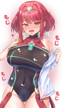 1girl bare_shoulders black_one-piece_swimsuit blush breasts chest_jewel core_crystal_(xenoblade) cowboy_shot earrings heart highres jewelry large_breasts meipasuye one-piece_swimsuit pyra_(pro_swimmer)_(xenoblade) pyra_(xenoblade) red_eyes red_hair red_one-piece_swimsuit short_hair solo swimsuit tiara wet xenoblade_chronicles_(series) xenoblade_chronicles_2