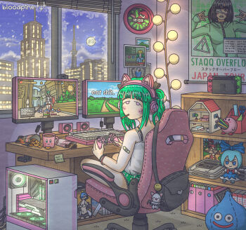 1girl absurdly_detailed_composition animal_ear_headphones animal_ears bloodpine cameo cat_ear_headphones cat_ears chair chips_(food) cirno commentary computer computer_tower controller copyright_request desktop_(computing) diddy_kong doll_house donkey_kong donkey_kong_(series) dragon_quest fake_animal_ears final_fantasy final_fantasy_vi final_fantasy_xiv food fumo_(doll) game_console green_hair headphones highres holding holding_controller hot_chocolate indoors inkling_player_character kirby kirby_(series) loaded_interior looking_at_viewer merchandise microsoft_windows monitor moogle multiple_monitors nintendo nintendo_switch no_pants original otaku otaku_room panties pizza_chips playing_games playstation_controller pocky poster_(object) profanity re:zero_kara_hajimeru_isekai_seikatsu rem_(re:zero) shelf sitting slime_(dragon_quest) snow solo splatoon_(series) stack_overflow stuffed_toy super_famicom swivel_chair taskbar touhou underwear