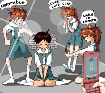 1boy 1girl :d absurdres antenna_hair aqua_skirt black_hair blue_eyes blush blush_stickers brown_hair camera_flash camera_phone cellphone cellphone_photo closed_eyes closed_mouth collared_shirt commentary crossdressing crossdressing_(mtf) den_man english_commentary english_text female_pervert flip_phone hair_between_eyes highres holding holding_phone ikari_shinji interface_headset_(evangelion) leaning_forward long_hair looking_at_another medium_skirt multiple_views neck_ribbon neon_genesis_evangelion nose_blush open_mouth pervert phone red_ribbon red_trim ribbon sailor_collar school_uniform shadow shirt short_hair simple_background sitting skirt smile socks souryuu_asuka_langley speech_bubble standing suspender_skirt suspenders sweatdrop taking_picture teeth thought_bubble tokyo-3_middle_school_uniform v_arms wariza white_shirt white_socks