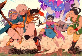 Rule 34 | black hair, blue hair, boots, braid, breasts, brown gloves, cape, circlet, clenched teeth, cloak, commentary, dougi, dragon quest, dragon quest iii, dust, elbow gloves, gloves, hero (dq3), highres, holding, holding shield, holding staff, holding weapon, kwsby 124, martial artist (dq3), monster, multiple boys, orange gloves, pink cape, red eyes, red gloves, rope, roto (dq3), running, sage (dq3), sharp teeth, sheath, sheathed, shield, single braid, spiked hair, staff, sweat, sword, teeth, thief (dq3), tunic, untranslatable commentary, weapon