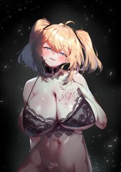 1girl absurdres ani_(xai) black_background blonde_hair blue_eyes blush bra breasts choker cleavage hand_on_own_chest highres huge_breasts lace lace-trimmed_bra lace-trimmed_choker lace_trim looking_at_viewer medium_hair navel open_mouth shiny_skin show_bob_show signature smile solo standing twintails underwear xai_(company)