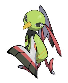 animal_focus beak bird black_eyes feathers full_body gen_2_pokemon green_feathers looking_at_viewer nintendo no_humans nullma pokemon pokemon_(creature) pokemon_focus red_feathers simple_background solo standing talons white_background white_feathers xatu
