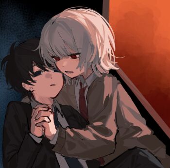 2boys akinashi_haru black_hair black_jacket blank_stare brown_cardigan cardigan cuddling highres holding_hands jacket lapels looking_at_another male_focus menzefish multiple_boys red_eyes saihate_eki short_hair tatsunami_shion upper_body white_hair window yaoi