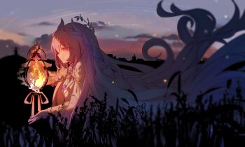 1girl absurdres breasts chinese_commentary commentary_request cyrene_(demiurge)_(honkai:_star_rail) cyrene_(honkai:_star_rail) dress from_side highres holding_lamp honkai:_star_rail honkai_(series) large_breasts long_hair night outdoors pink_hair pointy_ears purple_eyes shanxinxiaozi solo very_long_hair white_dress