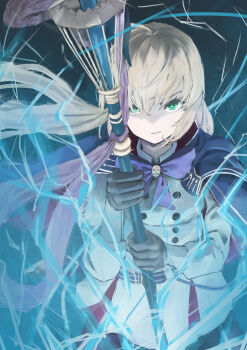 Rule 34 | 1girl, absurdres, ahoge, artoria caster (fate), artoria caster (second ascension) (fate), artoria pendragon (fate), black gloves, blonde hair, bow, commentary request, fate/grand order, fate (series), gloves, green eyes, hair between eyes, highres, holding, holding staff, long sleeves, purple bow, solo, staff, tokaki