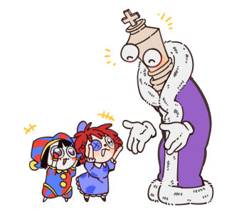 1boy 2girls :3 arms_up artist_request blush_stickers chibi doll happy hat jester jester_cap kinger_(the_amazing_digital_circus) looking_at_another multiple_girls pomni_(the_amazing_digital_circus) ragatha_(the_amazing_digital_circus) reaching reaching_towards_another short_hair smile the_amazing_digital_circus white_background