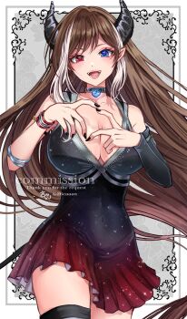 1girl bare_shoulders bilingual_commentary black_choker black_dress black_nails blue_eyes breasts brown_hair choker commentary commission cowboy_shot detached_sleeves dress english_commentary fingernails grey_background hands_up heart heart_choker heterochromia highres horns large_breasts long_hair looking_at_viewer mixed-language_commentary multicolored_hair nail_polish open_mouth original parted_bangs pointy_ears red_eyes short_dress skeb_commission smile solo streaked_hair swept_bangs very_long_hair watermark white_streaks xxcaaan