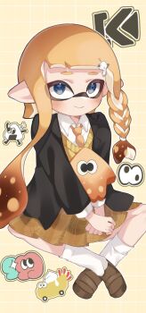 blazer braid brown_shoes closed_mouth grey_eyes hair_ornament hairclip highres inkling inkling_girl inkling_player_character jacket kiruha1019 loafers long_hair long_sleeves looking_at_viewer nintendo orange_background orange_hair orange_skirt pointy_ears school_uniform shirt shoes simple_background sitting skirt smile socks splatoon_(series) splatoon_1 splatoon_2 splatoon_3 squid sticker suction_cups tentacle_hair white_shirt white_socks