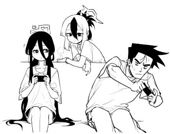 1boy 2girls asahina_yoshitoshi blue_archive choker closed_mouth controller game_controller greyscale hair_between_eyes halo holding holding_controller holding_game_controller horns kayoko_(blue_archive) kei_(blue_archive) long_hair looking_at_another monochrome multiple_girls parted_lips playing_games rectangular_halo sensei_(blue_archive) shirt short_sleeves shorts sitting very_long_hair