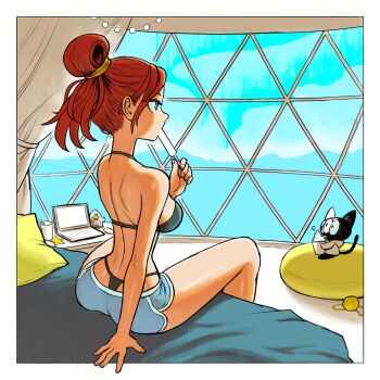 1girl absurdres animal arm_support ass bikini bikini_under_clothes black_bikini blue_eyes blue_shorts breasts cat computer dattosan desk dolphin_shorts eating expressionless from_behind hashtag-only_commentary highres inktober laptop on_bed original pillow red_hair shorts sitting solo swimsuit window yarn yarn_ball