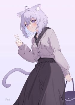1girl absurdres ahoge alternate_costume animal_ear_fluff animal_ears arm_up bag black_hoodie black_skirt brown_jacket buttons cat_button cat_ears cat_girl cat_tail closed_mouth collarbone commentary crossed_bangs diamond_button drawstring english_commentary from_below hair_between_eyes handbag highres holding holding_bag hololive hood hoodie jacket jacket_over_hoodie light_blush light_smile long_skirt long_sleeves looking_at_viewer medium_hair nekomata_okayu nofall puffy_long_sleeves puffy_sleeves purple_background purple_bag purple_eyes purple_hair signature simple_background skirt sleeves_past_wrists solo tail v virtual_youtuber zipper
