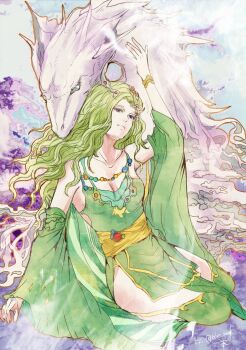 Rule 34 | 1girl, beads, bracelet, breasts, cleavage, closed mouth, collarbone, commentary, copyright name, detached sleeves, dragon, dress, final fantasy, final fantasy iv, green dress, green hair, green sleeves, green thighhighs, jewelry, long hair, medium breasts, mist dragon, purple eyes, ruka (blueplus84), rydia (adult) (ff4), rydia (ff4), thighhighs, twitter username, wide sleeves