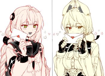 2girls alice_thymefield animal_ears blonde_hair blush cardigan chest_bow commentary fingerless_gloves gloves green_eyes hair_ornament heterochromia highres letter long_hair multiple_girls red_hair star_(symbol) symbol-only_commentary ukinami_yuzuha white_background yuri zenless_zone_zero zx277x