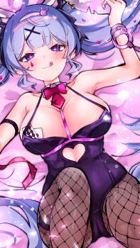 1girl blush breasts cameltoe fishnet_pantyhose fishnet_thighhighs fishnets fukukaminai hatsune_miku highres large_breasts looking_at_viewer pantyhose playboy_bunny rabbit_hole_(vocaloid) smile solo thighhighs tongue