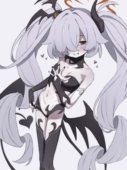 1girl absurdres black_horns black_thighhighs black_wings blue_archive blush brown_eyes commentary_request demon_girl demon_horns demon_tail grey_background hair_over_one_eye halo highres horns kanoe_(blue_archive) long_hair looking_at_viewer low_wings navel official_alternate_costume red_halo smile solo standing stomach tail take_mawile thighhighs very_long_hair wings