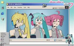 3girls akita_neru animated cellphone desktop_(computing) flip_phone hachune_miku hatsune_miku headset icon_(computing) internet_explorer kasane_teto microsoft_windows multiple_girls necktie phone robo_nonagon shirt tagme triple_baka_(vocaloid) twintails utau video vocaloid windows_95 windows_classic