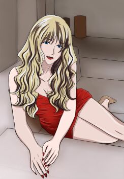1girl absurdres blonde_hair blue_eyes cowboy_bebop curls dress highres julia_(cowboy_bebop) red_dress suiyobi