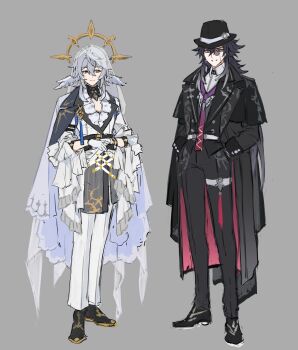 2boys absurdres alternate_costume armlet ashveil_(honkai:_star_rail) belt black_belt black_choker black_hair black_jacket black_pants black_shirt black_shoes black_vest buttons chain choker closed_mouth clothing_cutout collared_shirt commentary criss-cross_straps earrings feather_earrings feathered_wings feathers full_body gloves gold_chain gold_earrings gold_trim gradient_hair grey_background grey_hair hair_between_eyes halo halo_behind_head hands_in_pockets hands_up hat hat_ornament head_wings highres honkai:_star_rail honkai_(series) jacket jewelry lapels long_hair looking_at_viewer male_focus monocle multicolored_hair multiple_boys necktie pants papajay_(jennygin2) piercing pink_jacket purple_eyes purple_necktie see-through_clothes see-through_veil shirt shoes short_hair sidelocks simple_background single_earring smile standing streaked_hair sunday_(honkai:_star_rail) tassel teeth thigh_strap two-sided_fabric two-sided_jacket untranslatable_commentary v-shaped_eyebrows veil vest white_belt white_gloves white_hair white_jacket white_pants white_shirt wing_piercing wings yellow_eyes