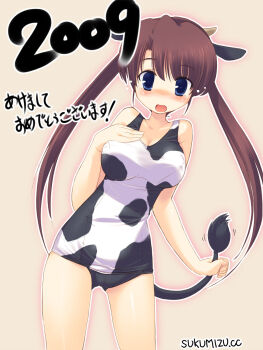 00s 1girl 2009 animal_print blue_eyes blush brown_hair cow_girl cow_horns cow_print ezakishii female_focus highres horns new_year one-piece_swimsuit school_swimsuit solo surprised swimsuit translated twintails