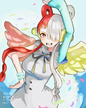 1girl arm_up asymmetrical_bangs black_ribbon blue_sleeves blush bracelet breasts commentary confetti cowboy_shot dress hair_rings hand_on_own_hip headphones highres inui_(tjb_e0) jewelry large_breasts long_hair looking_at_viewer multicolored_hair neck_ribbon one_piece one_piece_film:_red open_mouth red_hair ribbon sidelocks single_sleeve solo two-tone_hair uta_(one_piece) white_dress white_hair wings