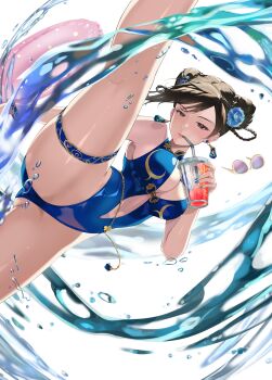 1girl absurdres bare_shoulders belly_chain black_hair blue_flower blue_one-piece_swimsuit braid breasts brown_eyes capcom chun-li cleavage cleavage_cutout closed_mouth clothing_cutout commentary cup double_bun drinking drinking_straw earrings english_commentary flower hair_bun hair_flower hair_ornament highres holding holding_cup jewelry kicking large_breasts leg_up looking_at_viewer official_alternate_costume one-piece_swimsuit pink_lips street_fighter street_fighter_6 sunglasses swim_ring swimsuit thigh_strap tinkst unworn_eyewear water