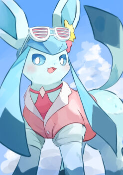 Rule 34 | absurdres, blue eyes, blue hair, blush, bright pupils, clothed pokemon, cloud, gen 4 pokemon, glaceon, glaceon (beach), highres, illustrattyako, long hair, nintendo, no humans, open mouth, pokemon, pokemon unite, sidelocks, smile, solo, standing, sunglasses, sweat, white pupils