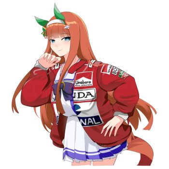 Rule 34 | 1girl, absurdres, animal ears, ayrton senna, ayrton senna (cosplay), blue eyes, bow, bowtie, brand name imitation, closed mouth, commentary request, cosplay, cropped legs, ear covers, formula one, hair ornament, hairband, hand on own hip, hand up, highres, holeecrab, horse ears, horse girl, horse tail, jacket, long hair, looking at viewer, marlboro, miniskirt, open clothes, open jacket, orange hair, pleated skirt, portuguese commentary, purple bow, purple bowtie, purple shirt, real life, red jacket, sailor collar, school uniform, shirt, silence suzuka (umamusume), simple background, skirt, smile, solo, tail, tracen school uniform, umamusume, white background, white hairband, white sailor collar, white skirt