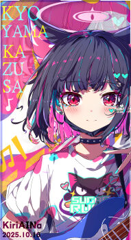 1girl absurdres animal_ears artist_name black_choker black_hair blue_archive blush cat_ears cat_girl character_name choker closed_mouth colored_inner_hair commentary_request dated halo hand_up highres kazusa_(band)_(blue_archive) kazusa_(blue_archive) kiriaina looking_at_viewer multicolored_hair official_alternate_costume pink_background pink_hair pink_halo portrait print_shirt red_eyes shirt short_hair short_sleeves smile solo spiked_choker spikes two-tone_hair white_shirt
