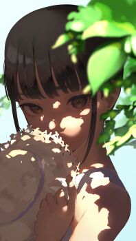 1girl absurdres bare_shoulders blue_sky blunt_bangs blurry blurry_background blurry_foreground brown_eyes brown_hair commentary covering_own_mouth dappled_sunlight hand_up hat highres holding holding_unworn_clothes holding_unworn_hat leaf looking_at_viewer nikujyaaaaaaaga original outdoors portrait shadow shirt short_hair sidelocks sky solo straw_hat sunlight swept_bangs turning_head untranslatable_commentary unworn_hat unworn_headwear white_shirt