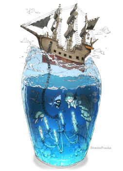 artist_name candle chain chandelier cloud commentary demizu_posuka fish highres holding holding_polearm holding_weapon mermaid monster_girl ocean original polearm sea_turtle shark ship squid trident turtle water watercraft weapon