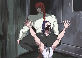 2girls arms_up asphyxiation ass back black_pants braid braided_ponytail broly_culo_(meme) chainsaw_man collared_shirt formal_clothes from_behind hair_bun hands_on_own_knees high-waist_pants highres huge_ass jason_kim looking_back makima_(chainsaw_man) meme multiple_girls office_lady open_mouth pants red_hair reze_(chainsaw_man) ringed_eyes screaming shirt shirt_tucked_in single_hair_bun sleeveless sleeveless_shirt smile squatting tiptoes yellow_eyes