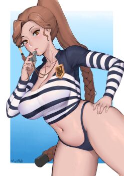 Rule 34 | 1girl, absurdres, artist name, bikini, bikini bottom only, blue background, blue bikini, braid, breasts, brown eyes, brown hair, cleavage, closed mouth, collarbone, covered erect nipples, crop top, curvy, dutch angle, female focus, hair tubes, hand on own hip, high ponytail, highleg, highleg bikini, highres, impossible clothes, impossible shirt, large breasts, last origin, lifeguard, long hair, long sleeves, looking at viewer, miss safety, moebell, navel, parted bangs, police, police badge, police uniform, policewoman, ponytail, scoop neck, shirt, single braid, solo, striped clothes, striped shirt, swimsuit, tight clothes, tight shirt, very long hair, whistle