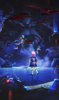 1girl 3boys armor arms_behind_back black_pants coat commentary cyrene_(aedes_elysiae)_(honkai:_star_rail) cyrene_(honkai:_star_rail) english_commentary glitch hair_ornament highres honkai:_star_rail honkai_(series) indoors lygus_(honkai:_star_rail) medium_hair multiple_boys multiple_persona pants pauldrons phainon_(a_dream_scented_in_wheat)_(honkai:_star_rail) phainon_(honkai:_star_rail) pink_hair purple_coat red_eyes robot short_hair shoulder_armor single_pauldron stairs statue stone_pillar thijikoy white_coat white_hair