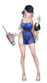 1girl bag baseball_cap black_bag black_hat blonde_hair blue_eyes breasts brown_dust_(series) brown_dust_2 cup dress earrings full_body game_cg hair_over_one_eye hair_ribbon hand_up handbag hat high_heels highres holding holding_cup jewelry large_breasts legs long_hair necklace official_alternate_costume official_art ribbon short_dress side_slit simple_background skindentation sleeveless sleeveless_dress solo standing tachi-e thigh_strap toes transparent_background wilhelmina_(brown_dust) wilhelmina_(water_park_queen)_(brown_dust)