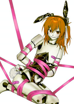 Rule 34 | 1girl, a.i. voice, absurdres, adachi rei, android, animal ears, arms behind back, bandaid, black leotard, bound, cloth gag, clothing cutout, commentary request, gag, gagged, hair ribbon, heart cutout, highres, hirune (suiminbusoku118), improvised gag, joints, leotard, looking at viewer, one side up, orange eyes, orange hair, partial commentary, pink ribbon, playboy bunny, rabbit ears, rabbit tail, ribbon, ribbon bondage, robot joints, simple background, solo, strapless, strapless leotard, tail, utau, white background, white ribbon