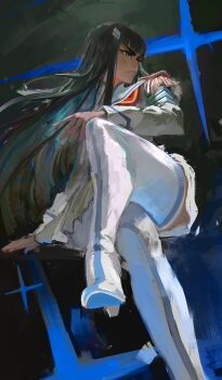 1girl black_hair blue_eyes blue_sailor_collar boots brush_stroke crossed_legs daodtt epaulettes hair_ornament highres junketsu kill_la_kill kiryuuin_satsuki life_fiber long_hair long_sidelocks sailor_collar school_uniform sidelocks sitting skirt thick_eyebrows thighhighs traditional_media white_boots