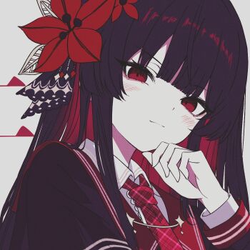 1girl black_capelet black_hair blunt_bangs blush capelet closed_mouth collared_shirt flower hair_flower hair_ornament hand_on_own_chin highres kobaryo long_hair long_sleeves looking_at_viewer mahou_shoujo_no_majo_saiban necktie nikaido_hiro plaid_clothes plaid_necktie red_eyes red_necktie shirt simple_background solo upper_body white_background white_shirt