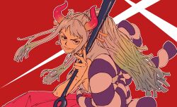 Rule 34 | 1girl, bare shoulders, closed mouth, club, club (weapon), commentary, curled horns, earrings, green hair, hair ornament, hair stick, highres, holding, holding weapon, horns, jewelry, kanabou, long hair, looking at viewer, multicolored hair, multicolored horns, obobkkp, one piece, oni, orange eyes, orange horns, ponytail, red horns, rope, shimenawa, sleeveless, smile, solo, two-tone hair, two-tone horns, weapon, white hair, yamato (one piece)