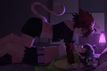 2girls :d aeiou_(yoako) ahoge animal_ears animal_nose aqua_eyes artist_collaboration bandaid bandaid_on_knee bandaid_on_leg bare_shoulders belt black-framed_eyewear black_hair black_nails black_shorts blush body_fur cat_ears cat_girl cat_tail clothing_cutout commentary crop_top drawstring earrings english_commentary eye_contact from_side furry furry_female furry_with_non-furry girl_on_top glasses hair_ornament highres holding_hands indoors interlocked_fingers interspecies jewelry ji-yoon_(jourd4n) jourd4n lava_lamp layered_sleeves leg_between_thighs long_hair long_sleeves looking_at_another lying midriff multicolored_hair multiple_girls nail_polish night on_back open_mouth original red_eyes red_hair sarashi sharp_teeth short_hair short_over_long_sleeves short_shorts short_sleeves shorts shoulder_cutout skull_hair_ornament smile streaked_hair tail tail_raised teeth twintails two-tone_hair wavy_mouth window_blinds x_hair_ornament yoako yuri