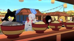 +_+ 3d animated audible_speech black_bow black_hair blake_belladonna blonde_hair blue_eyes bow bowl credit_card english_audio fish food food_stand grey_eyes hair_bow long_hair multiple_girls noodles outdoors pink_eyes ramen ruby_rose rwby side_ponytail silver_hair sitting sound throwing video weiss_schnee wrist_wrap yang_xiao_long yatai yellow_eyes