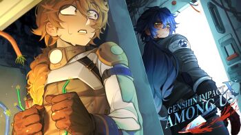 2boys absurdres aether_(genshin_impact) among_us bags_under_eyes black_gloves blonde_hair blood blood_on_face bloody_knife blue_(among_us) blue_hair braid color_contrast crossed_bangs flins_(genshin_impact) genshin_impact gloves gradient_hair hair_between_eyes highres knife kynlv long_hair long_sleeves looking_at_viewer male_focus multicolored_hair multiple_boys parted_lips single_braid spacesuit yellow_eyes