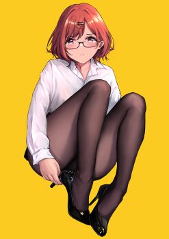 1girl absurdres adjusting_clothes adjusting_shoe alternate_costume bespectacled black_pantyhose black_shoes black_skirt blush brown_hair collared_shirt commentary dress_shirt embarrassed full_body glasses hair_ornament hairclip high_heels highres higuchi_madoka idolmaster idolmaster_shiny_colors knees_up looking_at_viewer mole mole_under_eye namake_(nmk44300) office_lady pantyhose pumps purple_eyes shirt shoes short_hair simple_background skirt solo swept_bangs white_shirt yellow_background