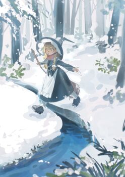 1girl apron black_hat black_shoes black_skirt blonde_hair blush bow braid broom commentary_request forest hair_bow hat hat_bow highres holding holding_broom kirisame_marisa long_sleeves nature open_mouth outdoors outstretched_arms red_scarf scarf shi_chimi shoes side_braid single_braid skirt snow solo spread_arms stream touhou waist_apron white_apron white_bow winter winter_clothes witch_hat yellow_eyes