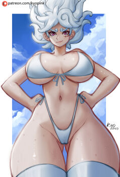1girl beach bikini breasts cameltoe gear_fifth genderswap genderswap_(mtf) highleg highres kyopink large_breasts luffyko monkey_d._luffy navel one_piece swimsuit tagme thick_thighs thighhighs thighs underboob white_hair wide_hips