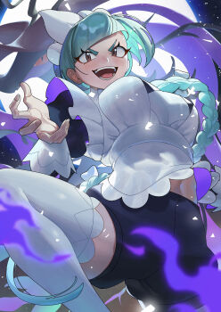 1girl 1other absurdres anipoke_uruto apron black_romper braid braided_ponytail brown_eyes dragalge dragon gen_6_pokemon green_hair highres juliet_sleeves lebanne_(pokemon) long_braid long_sleeves maid maid_apron maid_headdress mega_dragalge navel nintendo open_hand open_mouth pokemon pokemon_(creature) pokemon_legends:_z-a puffy_sleeves romper smile thick_eyebrows thighhighs thighs white_apron white_thighhighs