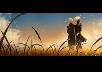 1boy 1girl 2b_(nier:automata) 9s_(nier:automata) bird black_boots black_dress black_jacket black_shorts blue_sky boots cloud cloudy_sky commentary couple dress english_commentary feather-trimmed_sleeves flower hair_flower hair_ornament hetero holding holding_flower jacket long_sleeves looking_at_another mitsuki_nite mole mole_under_mouth nier:automata nier_(series) outdoors puffy_sleeves scenery short_hair shorts sky standing thigh_boots wheat_field white_bird white_hair