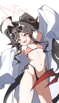 1girl :d absurdres ahoge bikini black_bikini black_hair black_tail blue_archive commentary curved_horns demon_horns demon_tail eyewear_on_head hair_intakes halo highres horns kasumi_(blue_archive) kasumi_(swimsuit)_(blue_archive) lab_coat long_hair looking_at_viewer mismatched_bikini navel official_alternate_costume official_alternate_hairstyle open_mouth red_bikini red_halo shanqianqian_377 side-tie_bikini_bottom simple_background sleeves_past_fingers sleeves_past_wrists smile solo striped_bikini striped_clothes sunglasses swimsuit tail triangle_bikini_top twintails white-framed_eyewear white_background yellow_eyes