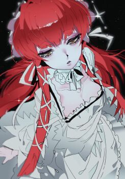 Rule 34 | 1girl, absurdres, black background, blunt bangs, bow, bowtie, breasts, brown eyes, cleavage, collar, detached collar, dress, eyeshadow, frilled collar, frilled hairband, frills, hair ribbon, hairband, half-closed eyes, highres, light particles, lolita fashion, long hair, long sleeves, looking at viewer, makeup, medium breasts, object through head, parted lips, persona, persona 3, purple eyeshadow, red hair, ribbon, sidelocks, solo, square neckline, sword in head, tress ribbon, waka o3o, white bow, white bowtie, white collar, white dress, white ribbon, yoshino chidori